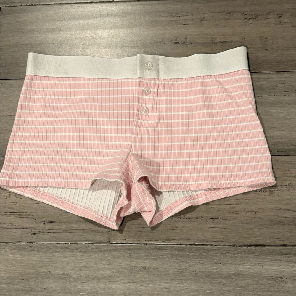 Aeropostale Pink Striped Ribbed Bike Shorts with White Waistband
